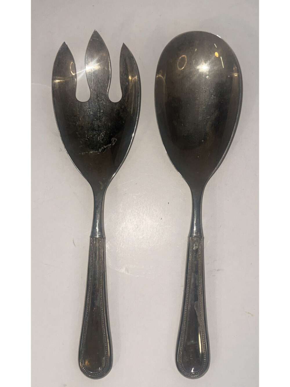 Towle Beaded Edge Silverplate 1977 Salad Serving Fork & Spoon Needs polish 10.5"
